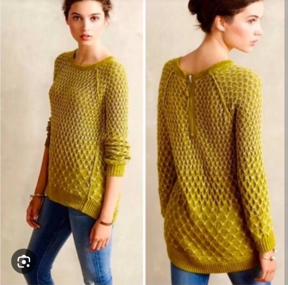 Anthropologie Moth Honeycomb Cotton Sweater Chartreuse Green Zip Back Small